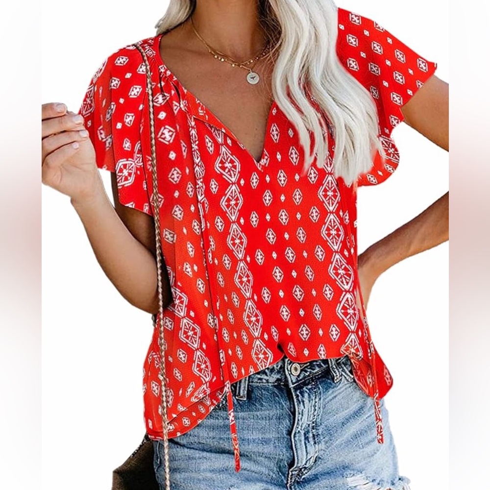 SimpleFun Polyester Orange Bohemian Style Long Sleeve V-Neck Blouse Size Large